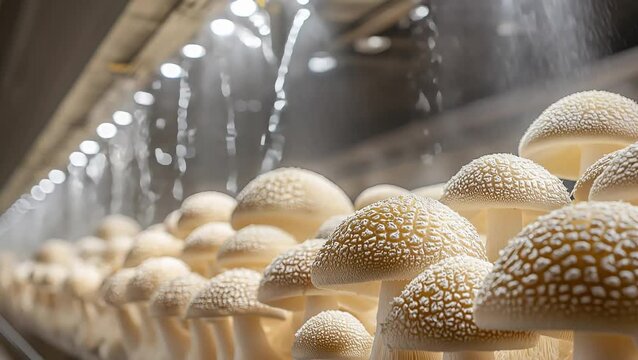 Lion&rsquo;s mane mushrooms flourishing in neat indoor rows, their cascading white tendrils and textured caps glowing under dim artificial light, highlighting modern controlled cultivation.