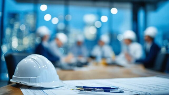 A shiny hard hat on a conference table with blurred site supervisors and engineers in protective gear behind frosted glass.