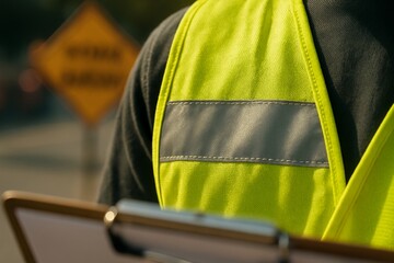 Construction worker in safety vest reviewing documents at a road work site, safety first!