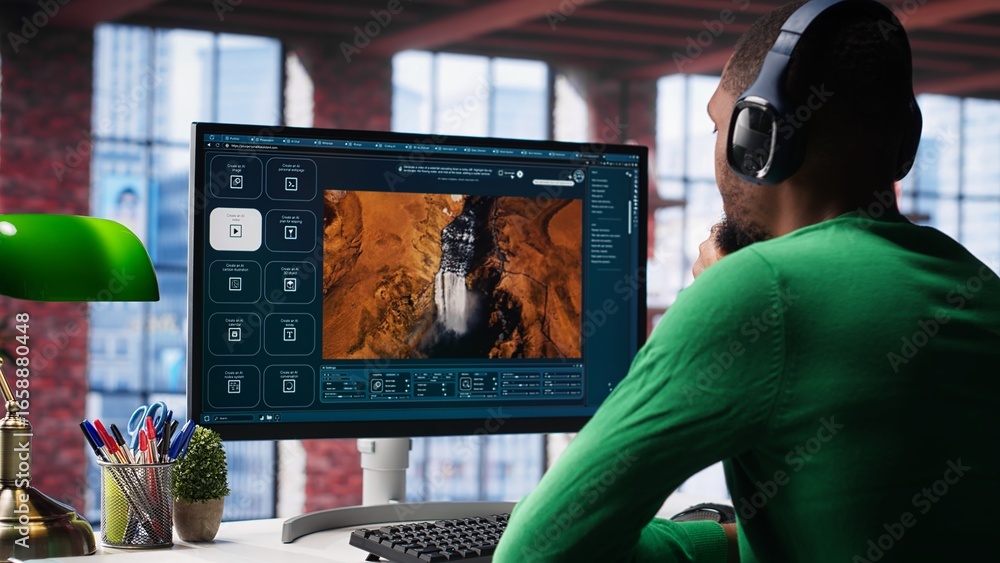 Poster black guy uses deep learning tools to generate video footage from text prompts in a productive home 