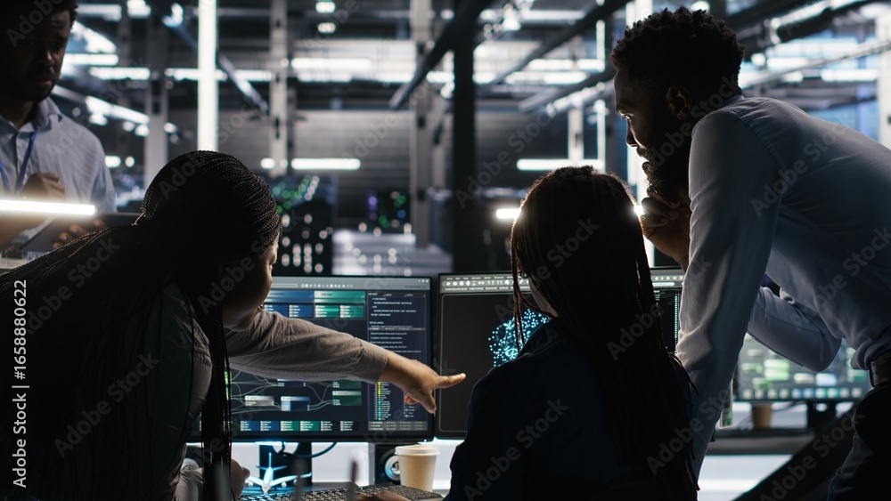 Poster server hub engineering team working together, using node tree software to optimize system health. da