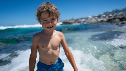 A joyful young boy plays in the sparkling, shallow ocean waters under the sun, with a vibrant blue sea extending to the horizon.