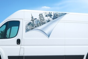A white van is adorned with a vibrant graphic showcasing various automotive components like springs and bearings