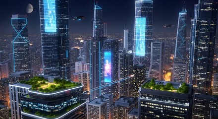 Futuristic Smart City Skyline with Neon Lights