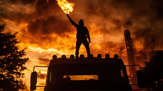 Silhouette of person on vehicle holding flare against fiery sky and industrial backdrop at dusk - Powered by Adobe