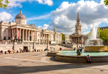 Fountains on Trafalgar square and National Gallery, London, UK