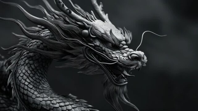 A black and white dragon  from Chinese mythology, symbolizing strength and resilience.