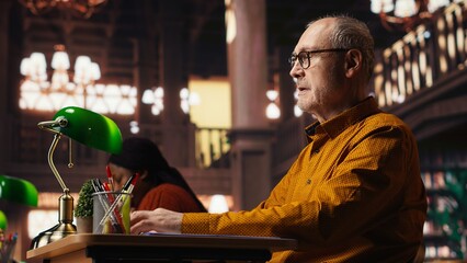 Elderly man with a respiratory problem having a panic attack in the library, struggling to learn...