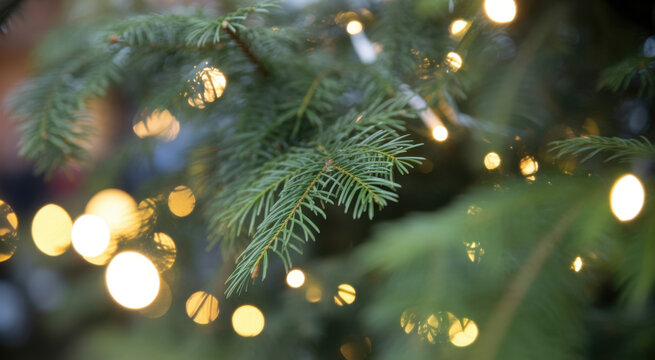 Festive evergreen boughs aglow with twinkling Christmas lights bring holiday cheer and cozy winter vibes