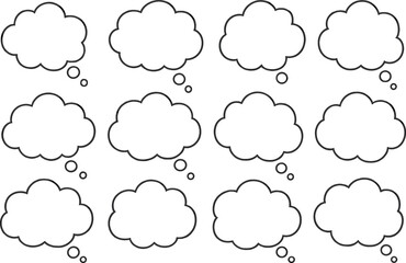 An assortment of thought bubbles, each with a unique cloud-like shape, outlined in a crisp black line. These bubbles are evenly spaced, creating a