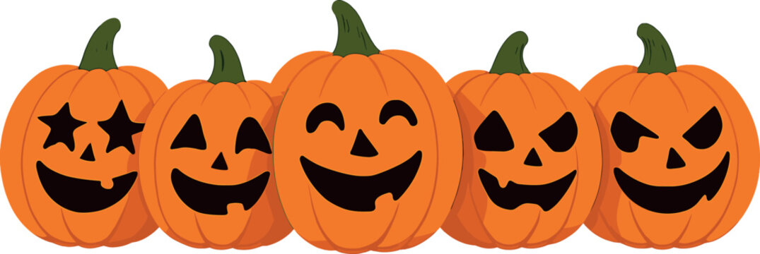 A row of playful jack-o'-lanterns with various facial expressions, ranging from cheerful to mischievous. Each pumpkin is carved with unique patterns,