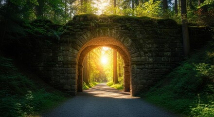 Sunlight streams through an ancient stone archway in a forest