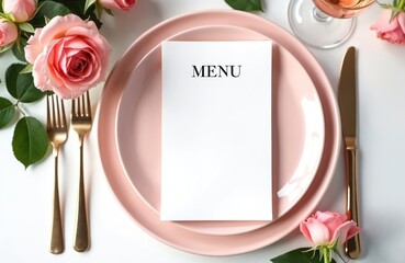 Elegant pastel pink table setting featuring delicate pink roses, blank menu card. Golden cutlery, glass of rose wine complement refined dining arrangement, perfect for romantic celebrations
