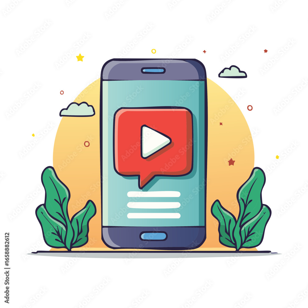 Poster cartoon cell phone displaying a play button icon over a video feed in a fun design