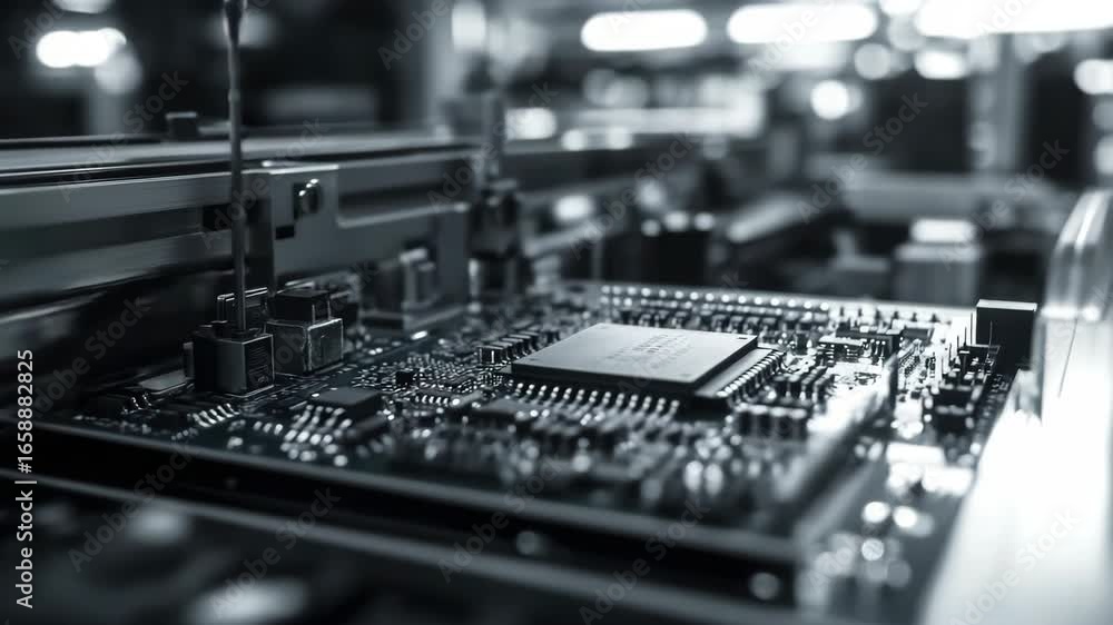 Poster high-tech electronics factory with automated machinery processing semiconductors and assembling moth