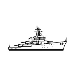 Naval battleship illustration in simple line art style  Minimal linear icon  on the theme of military and defense equipment. Perfect for apps, websites, infographics, educational materials