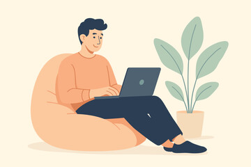 A relaxed individual sits on a bean bag, using a laptop, with a stylized plant nearby. The setting is informal yet productive, highlighting modern