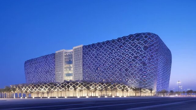 Driving Past a Striking Modern Building with a Glowing Diamond Lattice Facade at Twilight