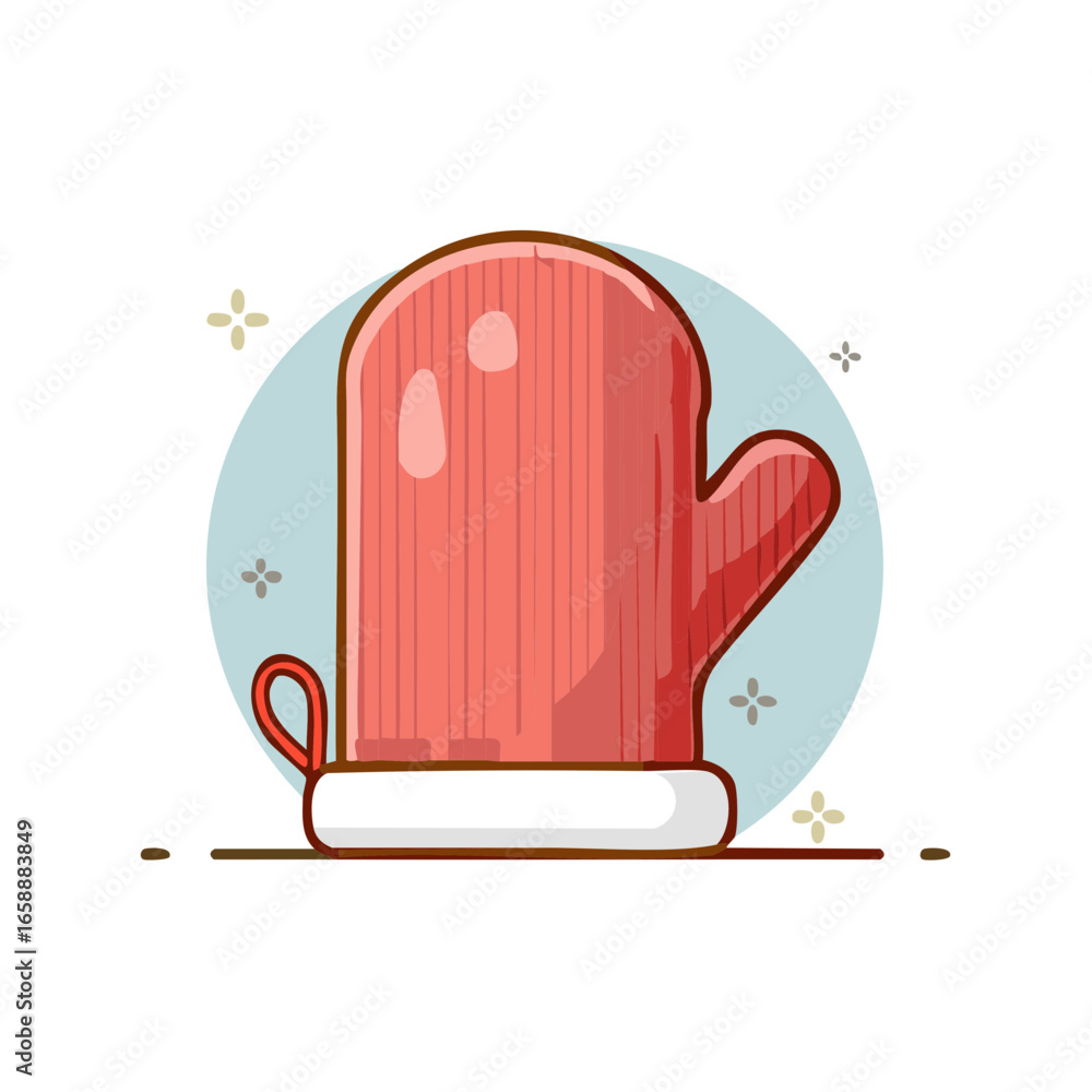 Poster warm red knitted mitten with hanging loop and white trim, surrounded by stylized sparkles and a circ
