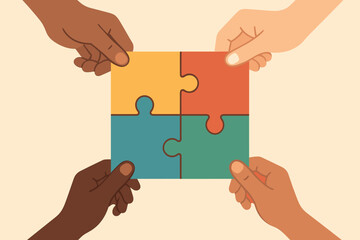 Four hands of different skin tones hold interlocking puzzle pieces, symbolizing teamwork and diversity. The puzzle forms a complete square in the
