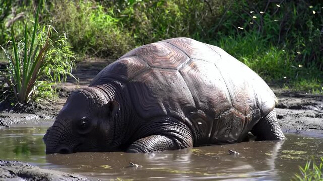 Prehistoric Giant Sloth Resting by Water in Jungle