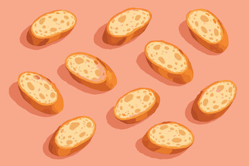 Slices of fresh baguette are scattered casually across the canvas, suggesting a laid-back and inviting setting. Each slice is depicted with soft
