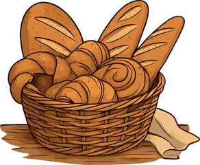 A rustic kitchen setting with the basket filled with freshly baked bread and pastries. The composition highlights the textures and golden tones of the