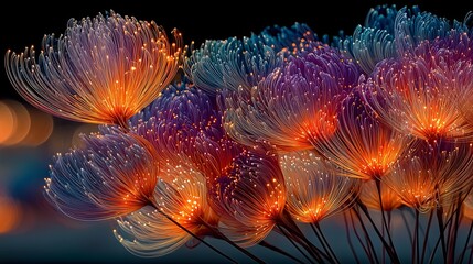 Colorful Fiber Optic Flowers in a Dark Background Artistically Displayed