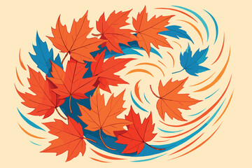 A vibrant cluster of autumn leaves is depicted in a swirling pattern, suggesting movement and energy. The leaves are in a palette of warm reds and