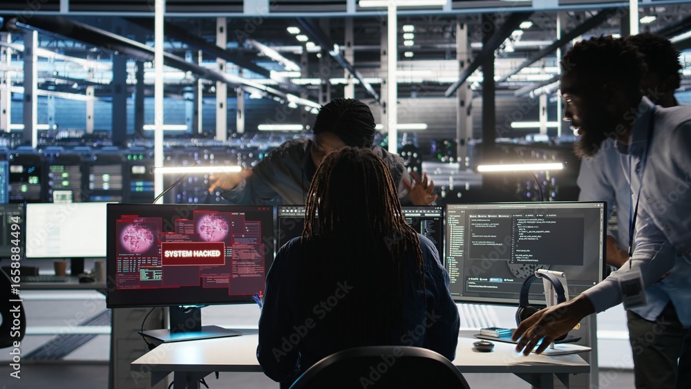 Poster cybersecurity team in data center responds to security breach, trying to prevent unauthorized access