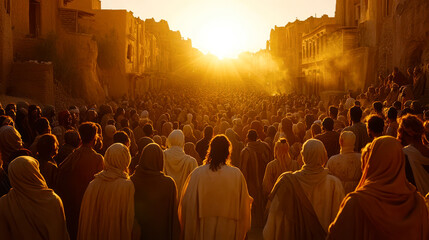 Exodus of Jews from Egypt, huge crowd walks in a town