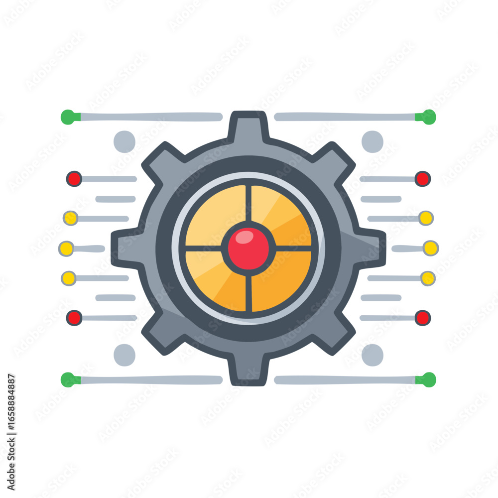 Poster illustration of a gear connecting to data points with lines representing a technical or process grap