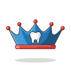 Cartoon Tooth Crown, Blue and Red Royal Jewel with White Molar Symbol