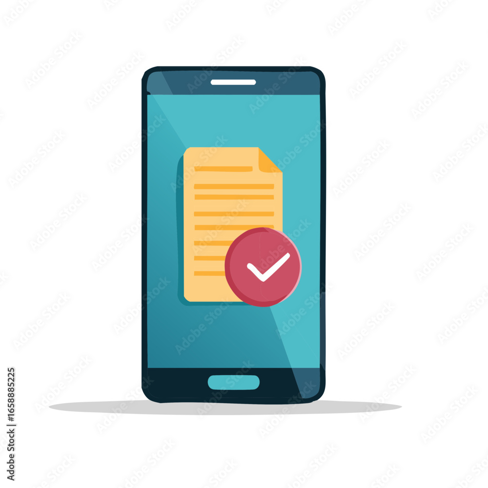 Poster approved document notification on mobile device screen, showing file confirmation with a checkmark c