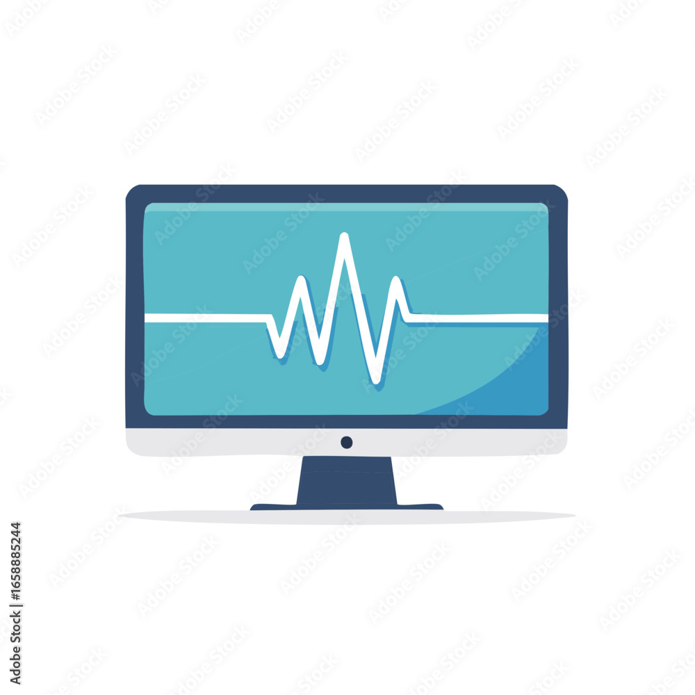 Poster computer monitor displaying heartbeat graphics flat vector design health screen medical pulse cardio
