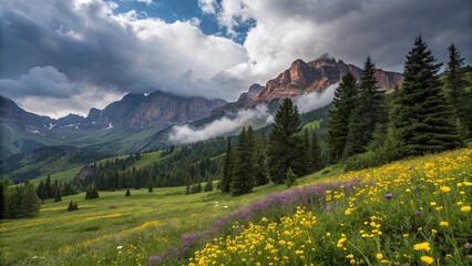 Fototapeta premium Majestic Summer Alpine Landscape with Wildflowers, Pine Forest, and Rugged Mountain Peaks under Dramatic Sky – Ultra-Realistic Nature Photography 