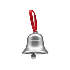 A delicate silver bell ornament with a red ribbon perfect for holiday designs, isolated