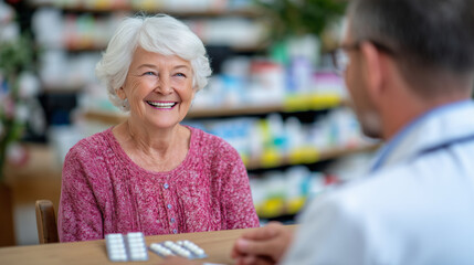A pharmacy consultation corner, pharmacist and elderly woman seated across a small desk, open medicine packages on table, shelves softly blurred in background, atmosphere personal