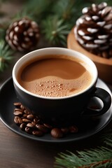 Fototapeta premium Warm cup of coffee with pine cones and coffee beans on wooden table