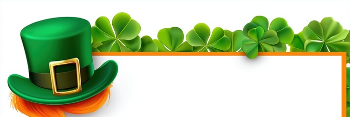 St. patrick's day background with shamrocks and green leprechaun hat with orange beard