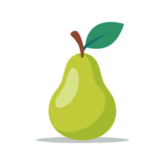 Simple Pear Illustration, One Green Fruit with Stem and Leaf Isolated