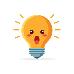 Fototapeta premium Cute lightbulb cartoon character with shocked expression emits light rays and represents concept of ideas, inspiration, and solutions