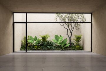 Empty loft room with small garden background 3d render