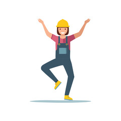 Joyful Woman Construction Worker Celebrating Success Achievement Reaching Upward Vector Illustration