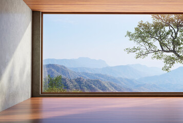 Modern loft style empty room with mountain view background 3D render