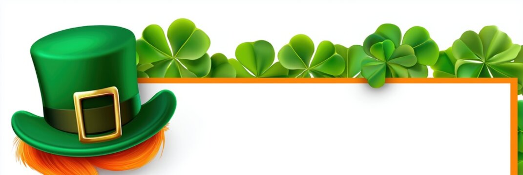 St. patrick's day background with shamrocks and green leprechaun hat with orange beard