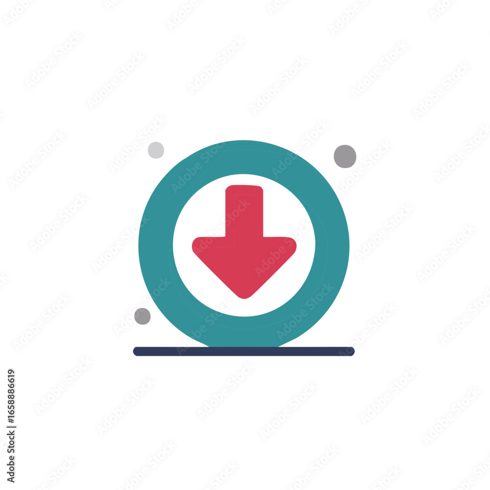 Poster red down arrow in circle with line, representing downloading or getting something.