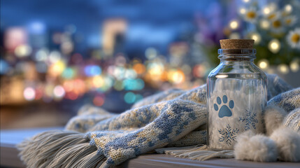 A warm lifestyle-inspired composition, veterinary bottle with paw print beside a soft pet blanket and toy, blurred clinic lights glowing behind, symbolizing comfort and care