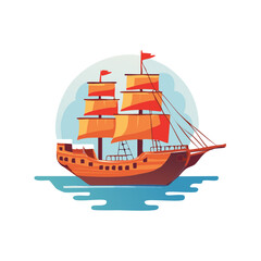 Illustration of a Classic Sailing Ship with Orange Sails Navigating Calm Waters in Cartoon Style