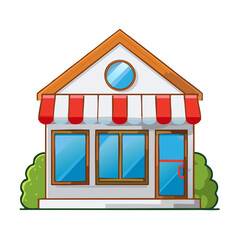 Illustration of storefront with red awning, windows, door and gable roof. Perfect for advertising a small business.